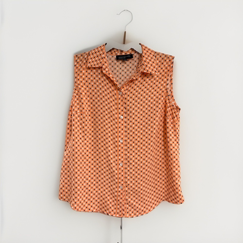 Jones New York womens blouse shirt top sleeveless orange polka dot SMALL EUC W23